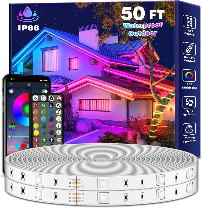 FBZ Outdoor LED Strip Lights Waterproof,Music Sync RGB IP68 Outside Led Light Strips Waterproofs with App and Remote,Exterior Led Rope Lights Waterproof for Deck,Balcony,Roof,Garden,Pool (50FT) - Image 1